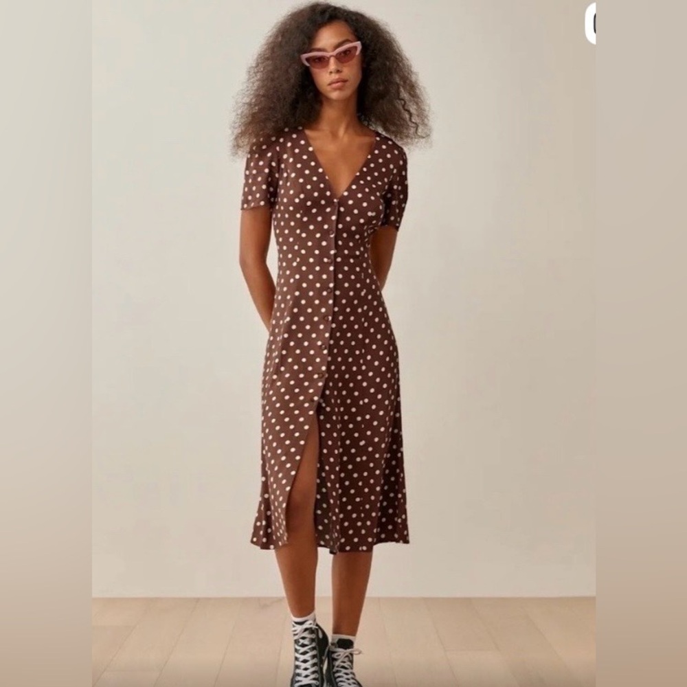 Reformation Brown Polka Dot Midi Dress Size 2 Button Front Tea Dress